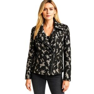 Lafayette 148 New York Camo Moto Jacket Blazer Size 12 Wool Blend Textured Work